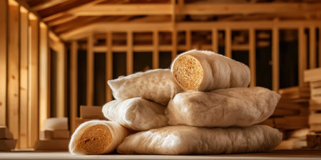Workers are strategically placing insulation material within a new home's framework. The soft fibers promise comfort and energy efficiency, enhancing the building's sustainability.の素材