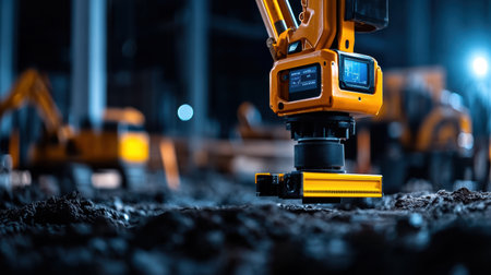 A close-up view showcases a digital laser level actively aligning in a bustling construction site at dusk, highlighting its importance for accurate work and stability in the project.の素材