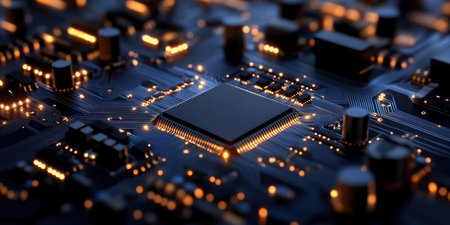 A captivating macro shot reveals glowing blue circuit lines intricately woven into a dark backdrop.の素材