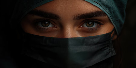 A focused medic's eyes shine with determination and empathy, framed by a dark surgical mask and cap. Their expression reflects commitment and readiness to provide vital support.の素材