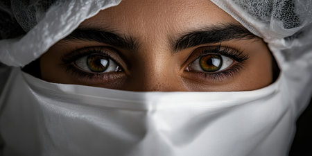 Focused eyes of a medic peek out from a mask and cap, embodying dedication and care. The emotion in their gaze conveys a story of commitment amidst challenges.の素材