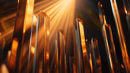 Golden sun rays filter through sharp crystal structures, creating a mesmerizing interplay of light and shadow. This captivating display awakens the tranquility of a new day.の素材