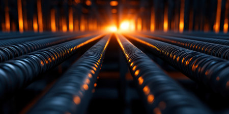 Reinforced steel bars stretch towards the horizon, illuminated by a warm, golden glow. The industrial sight emphasizes strength and durability, hinting at the construction project's progress.の素材