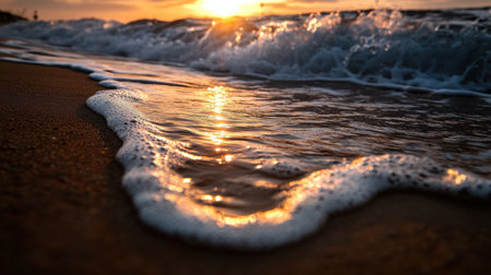 A macro shot captures a footprint gently fading in the sand as waves lap at the shore. The warm glow of sunset casts reflections, creating a tranquil moment of nature's beauty.の素材