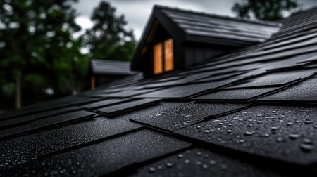 Close-up view of freshly laid roofing shingles glistening with raindrops as construction progresses on a house. The atmosphere reflects a blend of wet weather and craftsmanship.の素材