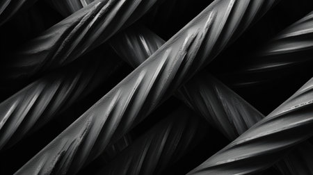 Intricate patterns of reinforced steel bars overlap each other, showcasing their robust design and texture.の素材