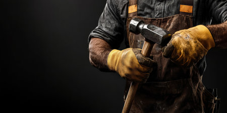 A gloved hand grips a hammer, showcasing the importance of craftsmanship and precision in construction. The dark backdrop highlights the rugged texture of work gloves and worn apron.の素材