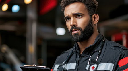 A dedicated first responder focuses intently while holding essential medical records, poised to provide urgent care in a fast-paced emergency situation. The atmosphere is tense and professional.の素材