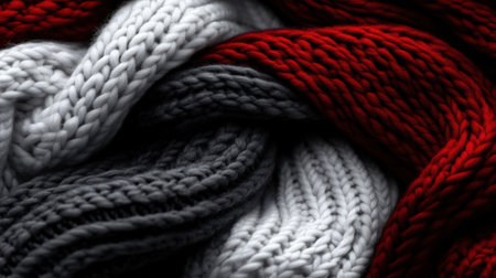 Soft strands of knitted wool intertwine in rich hues of red, white, and gray, evoking a sense of warmth and snugness during a crisp autumn afternoon. Perfect for chilly moments.の素材