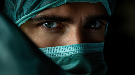 The medic's intense gaze reflects a blend of care and urgency, captured in a moment of concentration. Dressed in protective gear, ready to provide essential aid in a critical setting.の素材