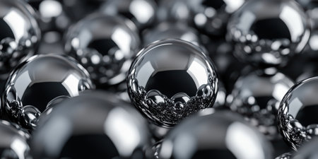 The smooth surface of numerous metallic spheres glistens under an unseen light source, creating captivating reflections and a sense of depth. The scene evokes a futuristic aesthetic and wonder.の素材