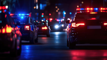 Red and blue lights dance against the backdrop of a bustling city night, highlighting vehicles on the street.の素材