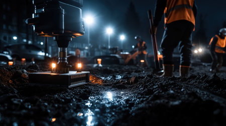 In the heart of a bustling construction site at night, a digital laser level casts its glow, guiding workers in bright orange vests as they prepare the ground, ensuring precision in every detail.の素材