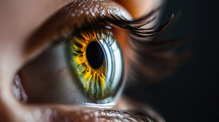 A mesmerizing closeup captures the intricate patterns and vivid colors of a human iris, revealing the chaotic beauty of its design. Glimmers of light reflect within the pupil, showcasing its vibrancy.の素材