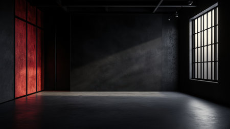An empty room showcases a striking dark black and red textured wall, illuminated by a single ray of light through a large window. The atmosphere feels both eerie and artistic, inviting reflection.の素材