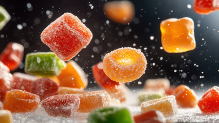 Bright and vibrant candies of various shapes and sizes fall gracefully, creating an enchanting spectacle against the pure white backdrop, inviting the viewer into a world of sweetness.の素材