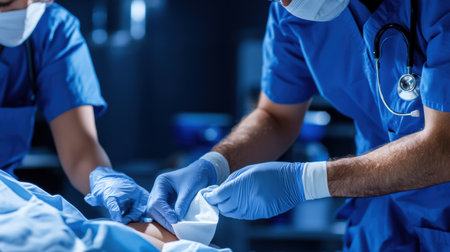 Gloved hands of paramedics focus intently on a task, providing care with precision in a dimly lit emergency room. Their teamwork reflects dedication to saving lives under pressure.の素材