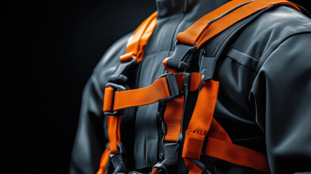 A close-up reveals a vibrant orange safety harness being securely fastened on an individual preparing for a climbing session at an indoor facility. This crucial step ensures safety.の素材