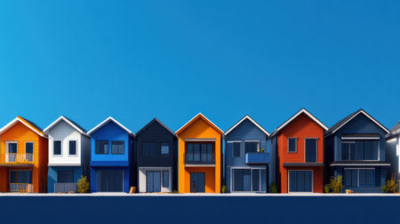 A vibrant row of newly constructed homes showcases various designs and colors against a bright blue sky. Workers can be seen preparing the area for future landscaping and community development.の素材