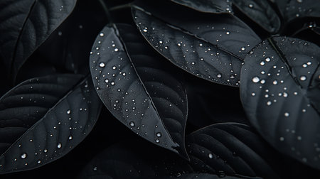 Captivating macro view reveals the delicate network of veins within lush green leaves, enhanced by glistening droplets of water that catch the light in a serene garden setting.の素材
