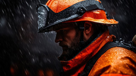 Water droplets cling to rugged gear worn by a dedicated individual in an intense, rainy atmosphere.の素材
