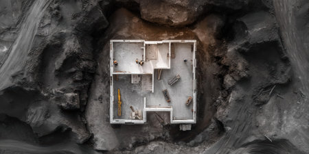From above, construction workers carefully lay the foundation for a house, surrounded by raw earth and machinery. The site buzzes with activity under a bright sky, promising future growth.の素材