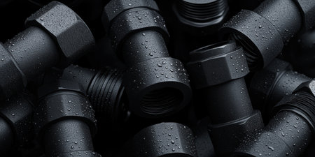 Close-up reveals the textured surface of pipe joints, each adorned with tiny droplets. The interplay of light and shadow creates an intriguing visual in a purely industrial context.の素材