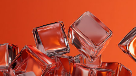 Glossy cubes of various sizes are suspended against a warm orange backdrop, their crystalline surfaces glistening with light. The arrangement captures the essence of elegance and simplicity.の素材