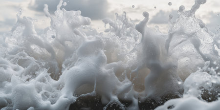 The close-up captures frothy waves kissing the shoreline, with bursts of white foam rising dramatically against a backdrop of soft, cloud-laden twilight. Nature's beauty unfolds in intricate detail.の素材
