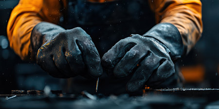 Close-up view of a construction worker's gloved hands skillfully manipulating materials, showcasing dedication to the craft. Bright lighting illuminates the workspace, reflecting their hard work.の素材