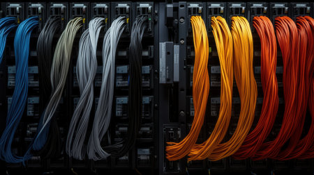 An electrician diligently connects an array of colored wires in a busy workspace filled with tools and electrical panels. The attentive focus illustrates the importance of precision in this craft.の素材