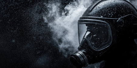 This striking macro shot captures a firefighter's oxygen mask drenched in moisture, highlighting the tension of firefighting. The dark background intensifies the focus on the essential gear.の素材