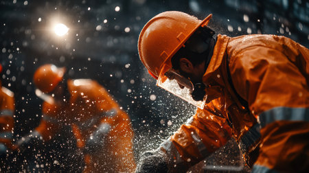 A dedicated firefighter focuses intently as he sprays water during a critical emergency response. Medics work nearby, providing urgent care amidst the chaos of the scene.の素材