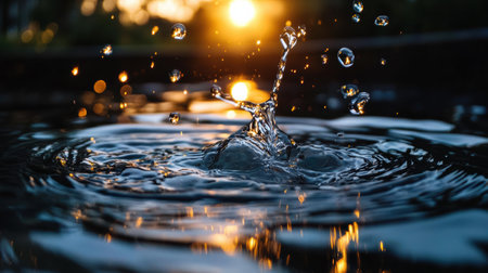 Ripples emerge as droplets collide with a tranquil surface during a serene sunset. Warm golden light captures the fluid movement, creating a mesmerizing visual symphony of nature.の素材