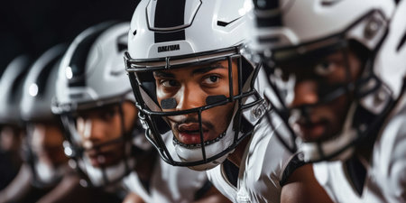 American football athletes are lined up, showcasing intensity and focus before the game begins. The atmosphere is charged as they prepare for a crucial play, embodying teamwork and determination.の素材