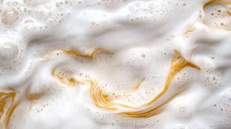 Tiny bubbles burst as the gentle waves wash ashore, creating a delicate foam. The golden light of sunset bathes the water, illuminating the soft patterns in the froth.の素材