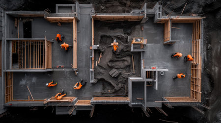 A bird's eye view reveals a construction site where workers are laying the foundation of a new residential building. The framework is in place, showcasing organized activity in a bustling environment.の素材