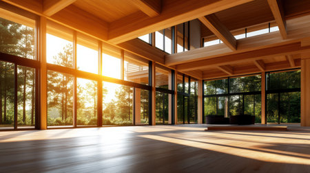 Sunlight streams through large windows as workers assemble the wooden framework of a modern house. The atmosphere is lively with the promise of a beautifully designed home taking shape.の素材