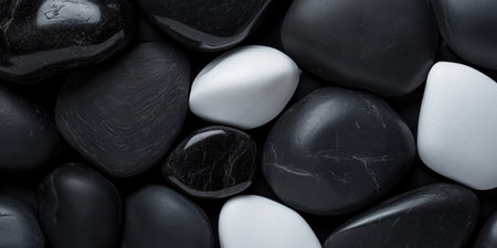 A thoughtful arrangement of smooth pebbles reveals an interplay of black and white tones. Each stone is uniquely shaped, creating a serene atmosphere that reflects nature's beauty.の素材