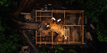 From a bird's eye view, workers diligently lay the foundation of a house amidst vibrant trees. The layout of beams and soil marks the promising start of a new dwelling project.の素材