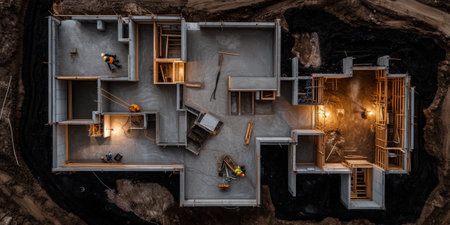 Under the fading light of evening, construction workers diligently lay the foundation of a contemporary house. The layout intricately outlines future living spaces as tools and materials are arranged.の素材