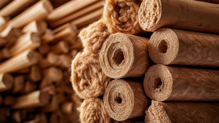 Textured rolls of insulation material lie stacked in a well-lit workshop, showcasing the intricate fibers. Craftsmen prepare it for installation in eco-friendly building projects.の素材