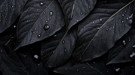 Detailed veins of leaves reveal a captivating network, glistening with fresh droplets after a gentle rain, showcasing nature's artistry in a close-up view limited to a serene garden.の素材