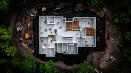 Vibrant greenery surrounds a freshly laid foundation as construction begins on a new home. Heavy machinery and materials are arranged thoughtfully, marking the start of this ambitious project.の素材