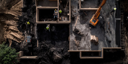 From above, workers meticulously lay the foundation of a residential house in a busy construction site. Heavy machinery aids in shaping the ground, while teamwork is evident.の素材