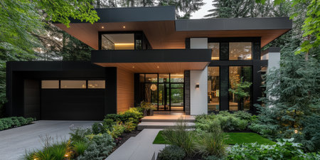 Freshly constructed modern residence stands proudly surrounded by trees and landscaping, showcasing sleek lines and large windows that reflect the warm glow of the evening.の素材