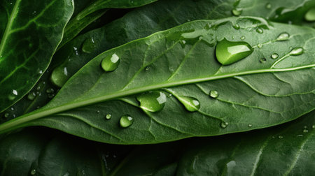 Capturing the intricate beauty of leaf veins adorned with fresh droplets, this scene showcases nature's stunning details during a serene morning in a vibrant garden.の素材