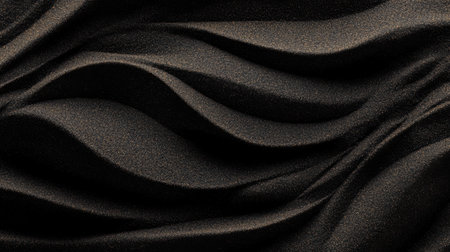 A close view captures the soft, wavy textures of fine black sand, showcasing intricate patterns that highlight the beauty of nature's design. Each grain reflects light uniquely, creating artful forms.の素材