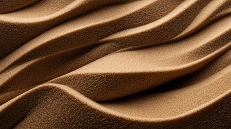 A close-up view reveals intricate textures formed by fine sand grains, showcasing graceful waves and rich golden tones under natural light, celebrating the beauty of nature's artistry.の素材