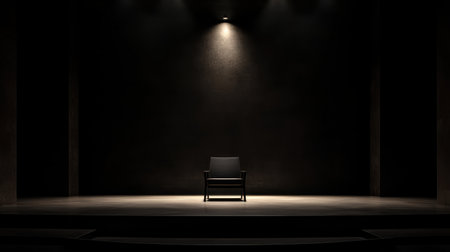 A single chair stands alone in the center of a darkened room, surrounded by shadows. The stark lighting invites contemplation, emphasizing themes of solitude and simplicity.の素材